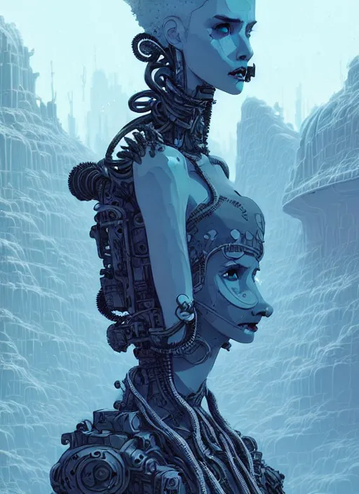 Prompt: highly detailed portrait of wasteland punk long curly white ice hair tribal lady, stray wiring by atey ghailan, james gilleard, by joe fenton, by greg rutkowski, by greg tocchini, by kaethe butcher, 4 k resolution, gradient blue, cyan, black and white color scheme!!! ( ( ice laden glaciated robotic dystopian city background ) )