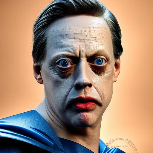 Image similar to hyperrealistic mixed media image of steve buscemi as superman, stunning 3 d render inspired art by xiang duan and thomas eakes, perfect facial symmetry, immaculate complexion, realistic, highly detailed attributes and atmosphere, dim volumetric cinematic lighting, 8 k octane detailed render, post - processing, masterpiece,