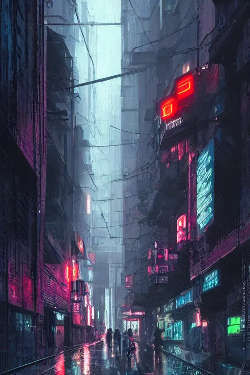 Image similar to a brutalist cyberpunk city street at night, raily season, very wet, neon lights and adds, architecture, a realistic digital painting by greg rutkowski and james gurney, trending on artstation, very highly detailed, 8 k