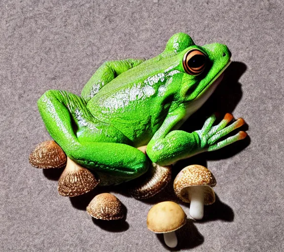 Image similar to photo, cute frog, flay, sitting on a mushroom, various poses, soft light, faded colors, well framed, sharp focus, 8 k