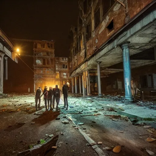 Image similar to A group of people exploring an abandoned city, they use flashlights, realistic, beautiful details, moonlight