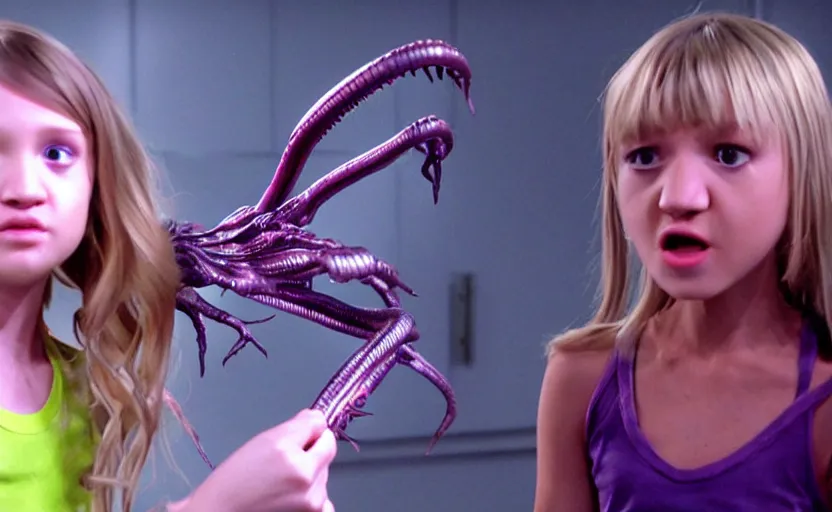 Prompt: alien facehugger hannah montana vfx film