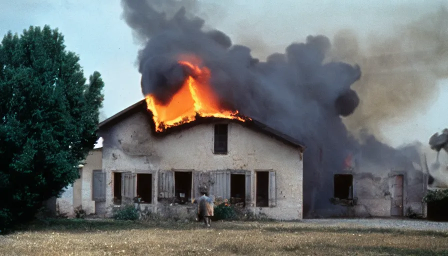 Prompt: 1 9 7 0 s movie still of a heavy burning house in a small french village, cinestill 8 0 0 t 3 5 mm, heavy grain, high quality, high detail, dramatic light, anamorphic, flares