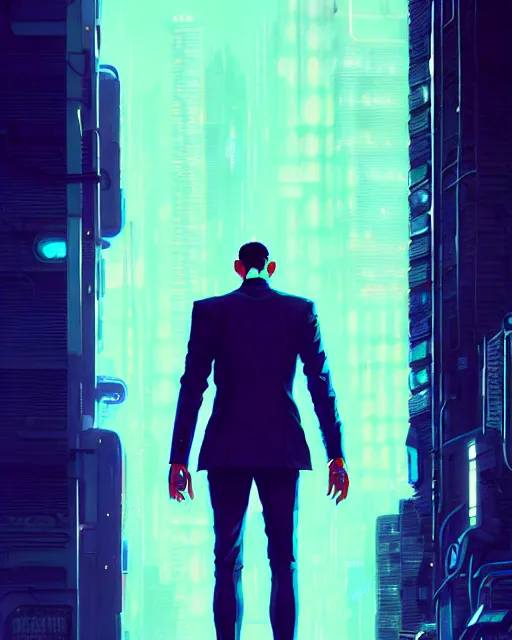 Image similar to cyberpunk synth, hyper - realistic portrait of a man in a suit with detailed background, cyberpunk, intricate, digital painting, by atey ghailan, by greg rutkowski, by greg tocchini, by james gilleard, by joe fenton, by kaethe butcher, dynamic lighting, gradient light blue, lighting color scheme, sharp focus, grunge aesthetic