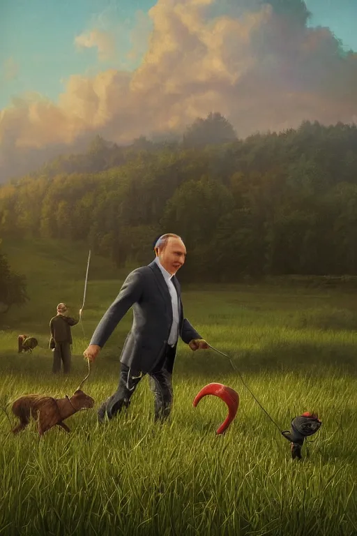 Prompt: A highly detailed photorealistic full portrait of Vladimir Putin frolicking in the field by Banksy Simon Stalenhag and Thomas Kinkaid, Octane render, trending on cgsociety, HDR, 8K I cant believe how accurate this is