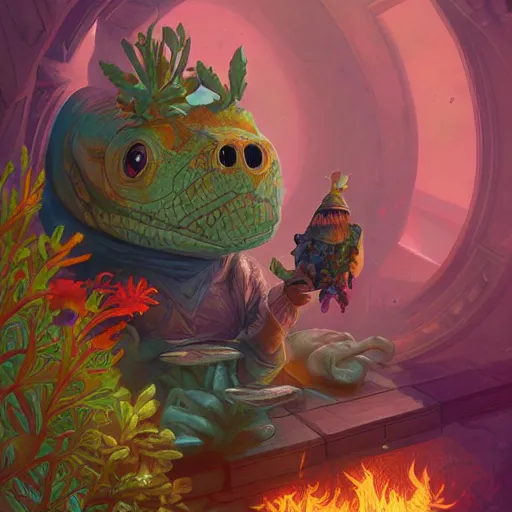 Image similar to gek enjoying medicinal herb colorful, fantasy, intricate, highly detailed, digital painting, hq, trending on artstation, illustration, style of stanley artgerm and greg rutkowski and dan mumford