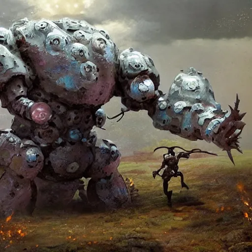 Image similar to opal by jakub rozalski, armoured chaos golem still frame from warhammer movie, legendary magical crystal construct by wayne barlowe, crystal golem fighting vast army by jakub rozalski, opal lightning elemental by malczewski