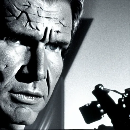 Prompt: head and shoulders portrait 3 5 mm cinema still of harrison ford playing the role of the terminator
