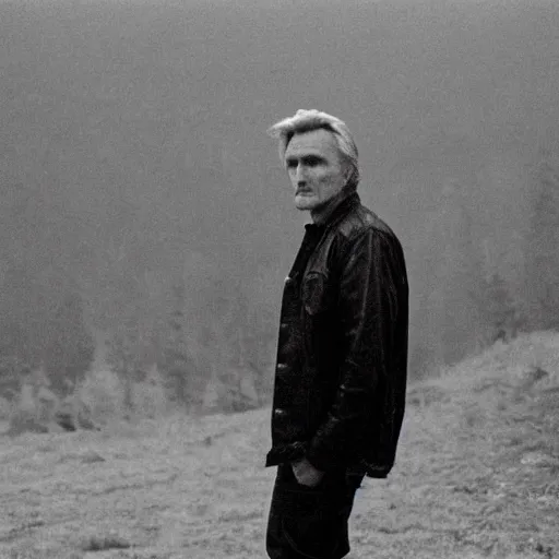 Image similar to Film still of Dennis Hopper in Twin Peaks (1990), evil spirit in the Black Lodge from Twin Peaks (1990 tv series), eerie photography, lynchian