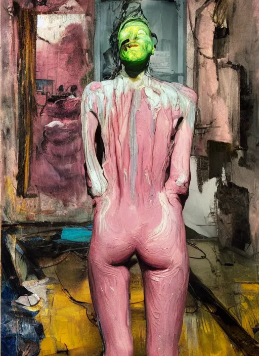 Image similar to an insane, skinny, artist wearing dirty, torn overalls, expressive painting, inside a grand messy studio, depth of field, hauntingly surreal, highly detailed oil painting, by francis bacon, edward hopper, adrian ghenie, glenn brown, soft light 4 k in pink, green and blue colour palette, cinematic composition, high quality octane render, masterpiece