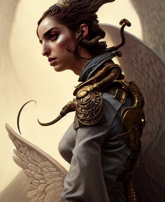 Image similar to beautiful fantasy character portrait, ana de armas, ultra realistic, wide angle, intricate details, the fifth element artifacts, highly detailed by peter mohrbacher, hajime sorayama, wayne barlowe, boris vallejo, paolo eleuteri serpieri, dishonored 2, white gown, angel wings