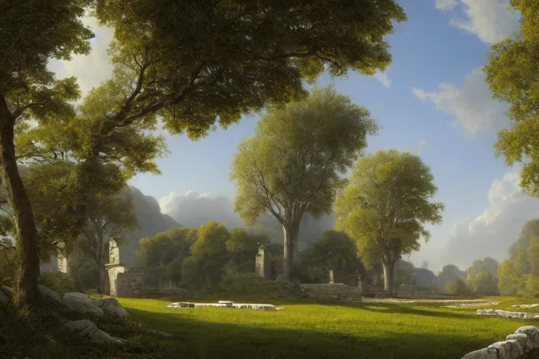 Prompt: A small village surrounded by white rectangular monoliths in an open field with a winding white stone pathwalk and a small brook running through, clear blue skies in the background, by Thomas Kincade, Richard Sigamani, 8k photorealistic, cinematic lighting, HD, high details, concept art, trending on artstation