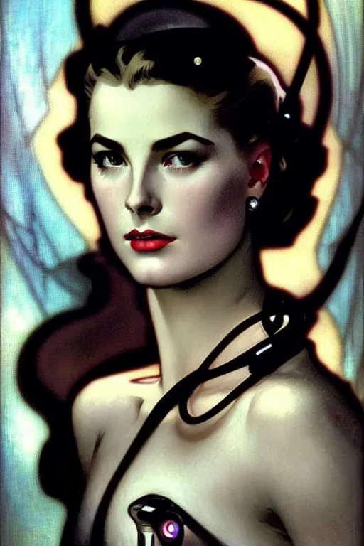 Prompt: young and beautiful evil cyborg grace kelly by steichen in the style of tom bagshaw, alphonse mucha, gaston bussiere, cyberpunk. anatomically correct elegant cybernetic body mods. extremely lush detail. masterpiece. melancholic scene infected by night. perfect composition and lighting. sharp focus. high contrast lush surrealistic photorealism. sultry evil plan.