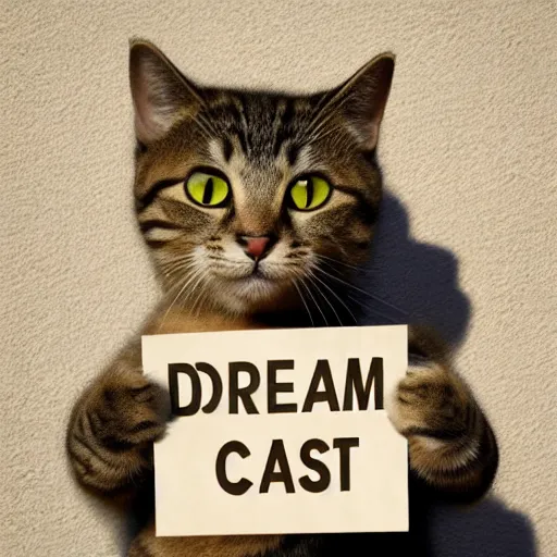 Prompt: realistic high quality photo of a cute cat holding a sign with text that reads : dream, cast