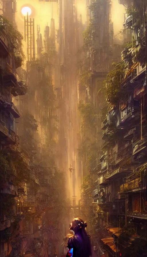 Image similar to golden goddess looking at a hyper realistic cyberpunk city, crowded market street overtaken by lush plants, kittens, full moon, light rays, gnarly trees by tom bagshaw, mucha, gaston bussiere, craig mullins, j. c. leyendecker 8 k