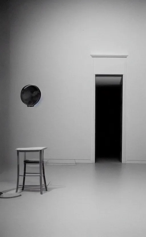 Image similar to a filmstill of a readymade object in a museum, empty white room, in the style of Marcel Duchamp and Orson Welles