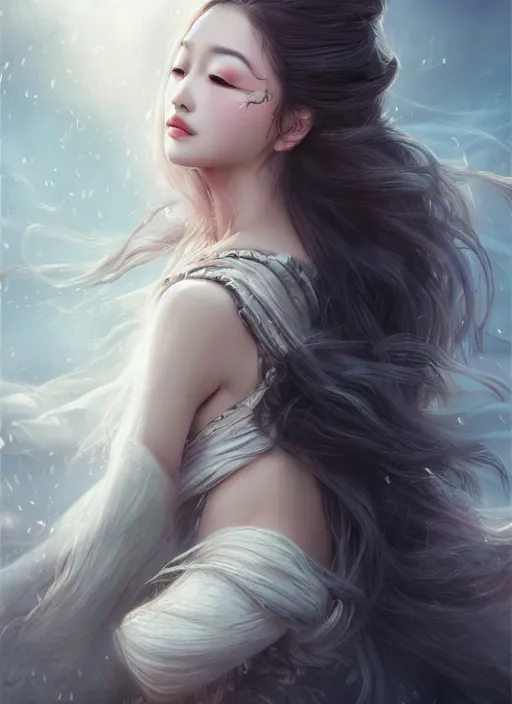 Image similar to a beautiful woman gheisa, 8 k, hyperrealistic, asian hyperdetailed, beautiful face, long hair windy, dark fantasy, fantasy portrait by laura sava