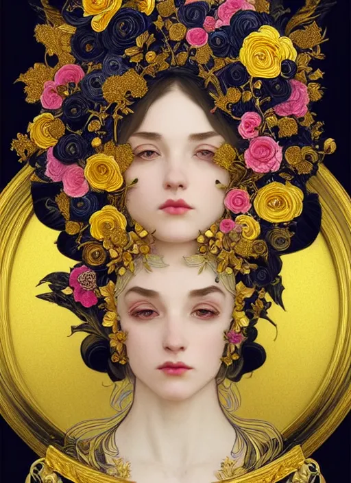 Image similar to beautiful black blue yellow, complicated gold and pink flowers in baroque style headwears, dark fantasy, intricate, elegant, highly detailed, digital painting, artstation, concept art, matte, 3 d 8 k octane rendered, sharp focus, illustration, octane rendered, art by artgerm and alphonse mucha, leesha hannigan