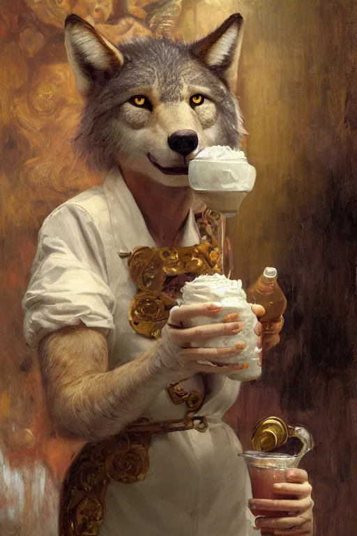 Image similar to a female anthro wolf serving milkshakes as a waitress, 4 k, furaffinity, furry art, trending on artstation, very expressive face, by gaston bussiere, craig mullins, sakimichan, gustav klimt, artgerm, greg rutkowski, alphonse mucha