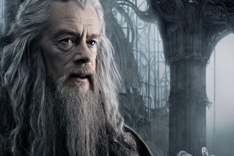 Prompt: jude law as gandalf stood outside orthanc, style of h. r. giger, directed by david fincher, muted tones, detailed