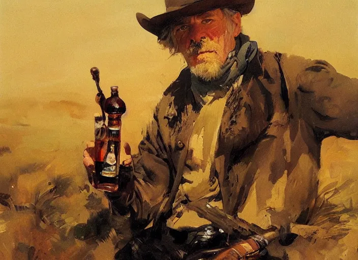 Image similar to oil painting of old rugged cowboy with whiskey bottle and gun, art by anders zorn, wonderful masterpiece by greg rutkowski, beautiful cinematic light, american romanticism by greg manchess