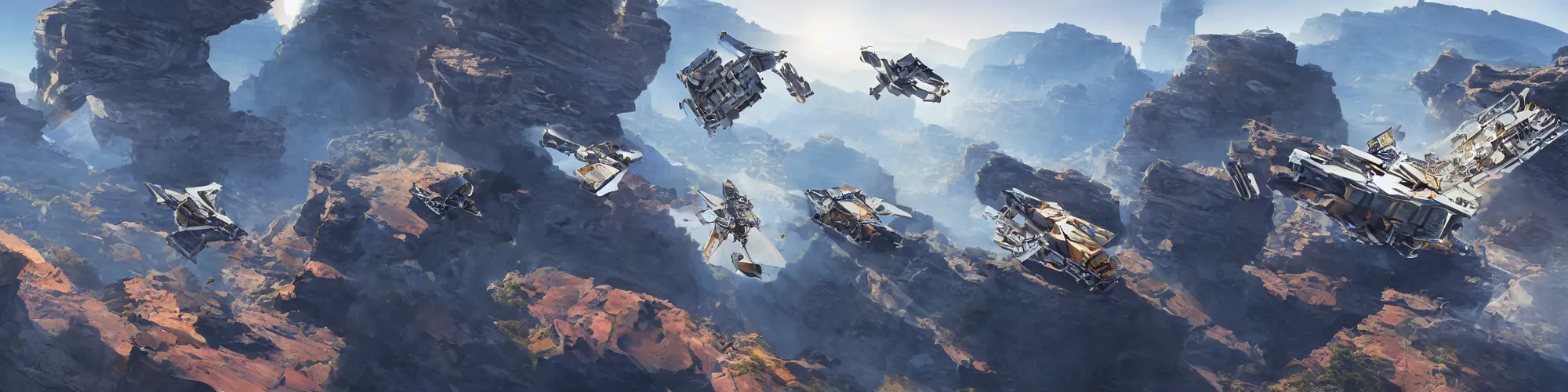 Image similar to spacecraft speed race road into the mountain rocks like grand canyon. Illustration by Blizzard and Ubisoft