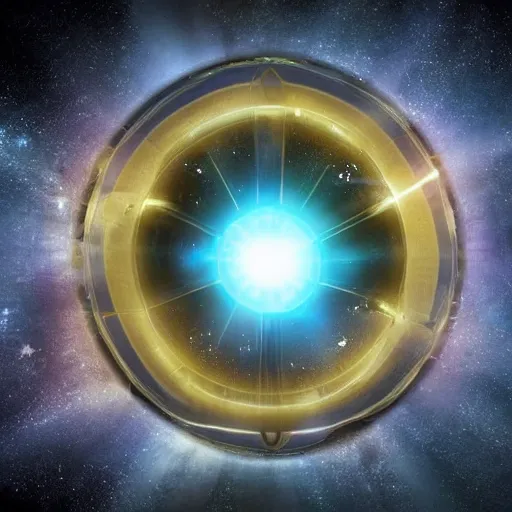 Prompt: a glowing orb of energy floating in mid - air, the inside is like a giant star - gate with portals to other spaces and dimensions, photorealistic