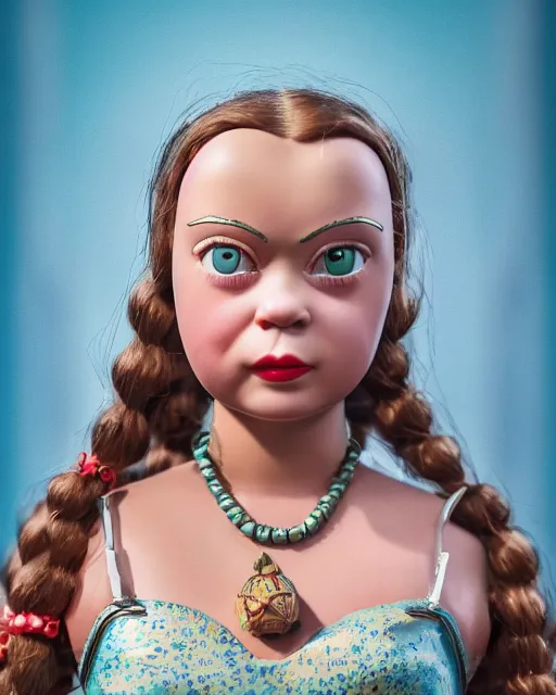 Prompt: closeup face profile portrait of a tin toy retro 1 9 5 0 s greta thunberg, bikini, depth of field, zeiss lens, fashion photoshoot by nicoletta ceccoli, mark ryden, lostfish, breathtaking, detailed and intricate environment, 8 k resolution, extremely detailed, beautiful, establishing shot, artistic, hyperrealistic, octane render