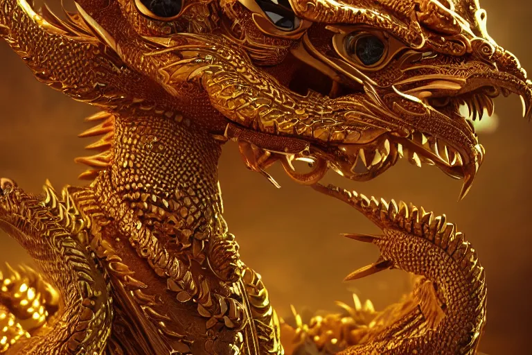 Image similar to cinematic closeup portrait of a golden dragon intricately decorated with colorful jewels, sandstorm, detailed textures, dramatic lighting, unreal engine, cgsociety, artstation, 4k