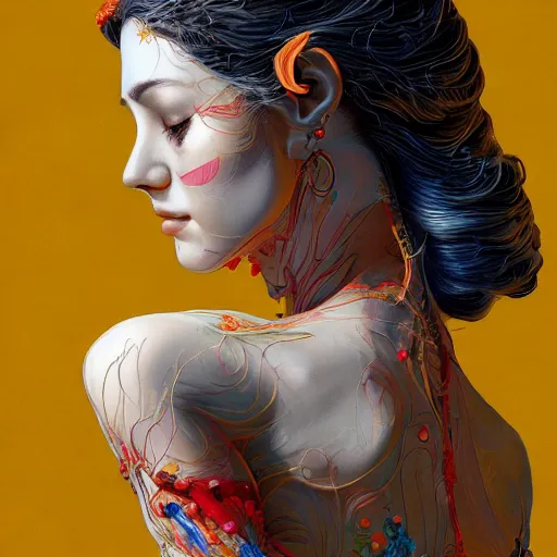 Image similar to the portrait of an incredibly beautiful, graceful, elegant woman comprised of fruit, an ultrafine detailed illustration by kim jung gi, irakli nadar, intricate linework, bright colors, final fantasy, behance contest winner, angular, unreal engine 5 highly rendered, global illumination, radiant light, detailed and intricate environment