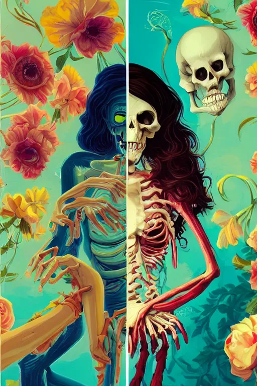 Image similar to a smiling cute zombie woman peeling skeleton skin and wavy hair, tristan eaton, victo ngai, artgerm, rhads, ross draws