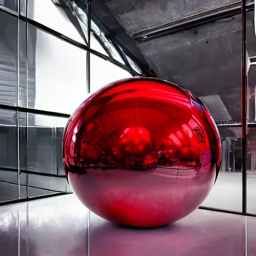 Prompt: chrome spheres on a red cube by john christian dahl