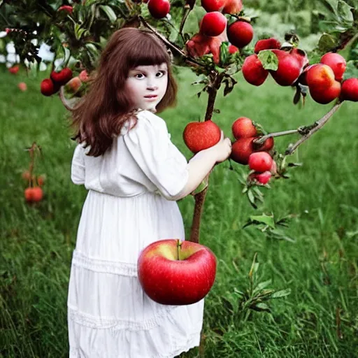 Prompt: a girl in a white cotton dress. an apple tree. red apples. folk. thomas hardy tess of the d'urbervilles aesthestic.