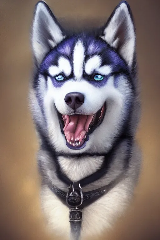 Image similar to a portrait painting of a husky in cowboy costume in the style of anime, western film, humanoid, personify, anthropomorphic, trending on artstation