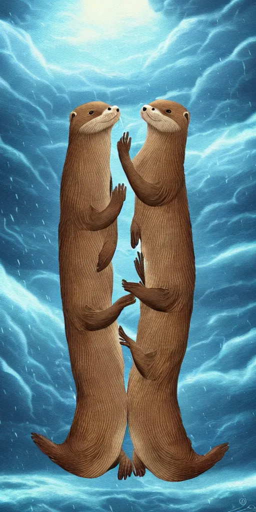 Image similar to two adorable otters falling in love holding hands side by side, all alone in the middle of a scary storm at sea, fantasy illustration, cinematic, award winning, romantic, detailed trending on artstation, masterpiece