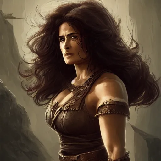 Image similar to portrait, Salma Hayek , barbarian , face portrait, raphael lacoste, eddie mendoza, alex ross, concept art, matte painting, highly detailed, rule of thirds, dynamic lighting, cinematic, detailed, denoised, centred