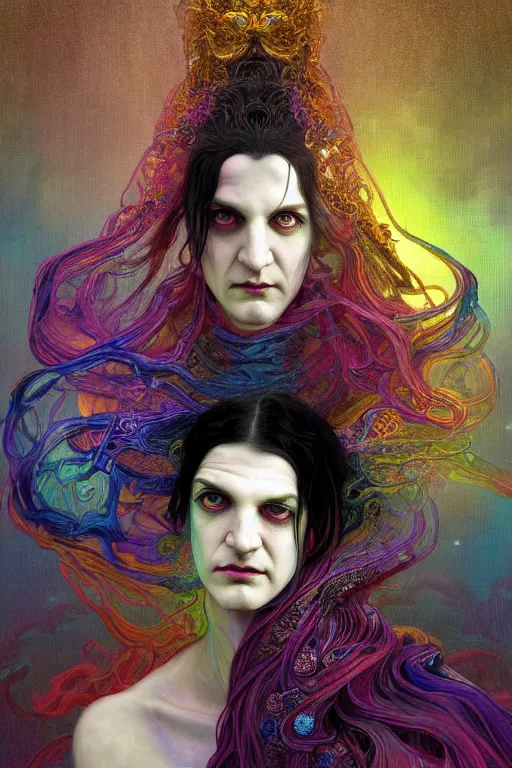 Image similar to portrait of brian molko as delirium of the endless, the sandman, rainbow clothes, in persian temple wet night, sci - fi and fantasy, intricate and very very beautiful and elegant, highly detailed, digital painting, artstation, concept art, smooth and sharp focus, illustration, art by tian zi and wlop and alphonse mucha