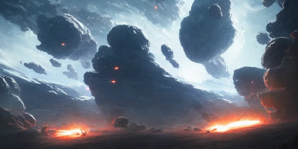 Prompt: Dramatic space battle among an asteroid field, immense and wondrous, Greg Rutkowski and Studio Ghibli