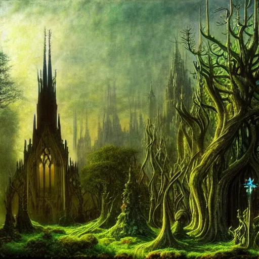 Image similar to a beautiful and highly detailed matte painting of an elven cathedral in a magical celtic forest, otherworldly trees and plants and flowers, detailed spires, wide angle, by caspar friedrich, albert bierstadt, james gurney, brian froud,