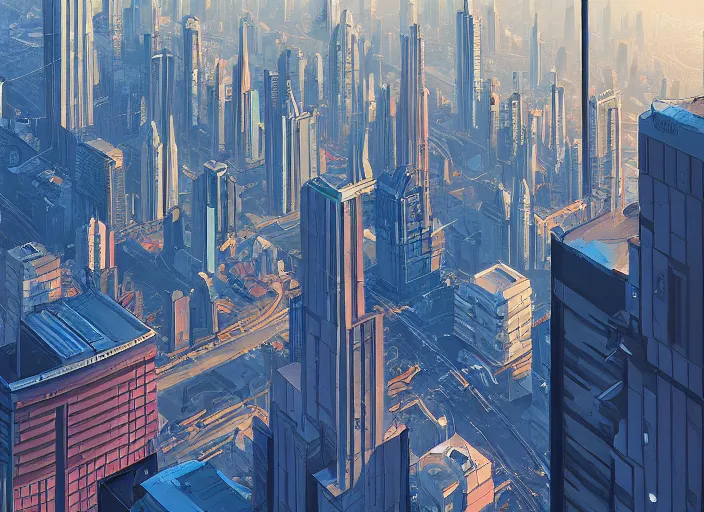 Prompt: A professional sci-fi digital painting of an art deco city viewed from the top of a skyscraper, by Alena Aenami, trending on Artstation