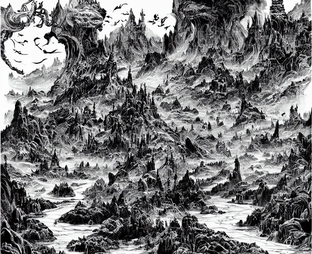 Image similar to impressive fantasy landscape, beautiful line art, ink illustration, pure b&w, white frame