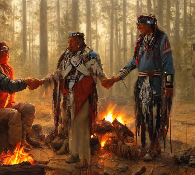 Image similar to a cybernetic man from the future is shaking hands with a native american man in traditional headress, lighting from a campfire in, mutual respect, by greg rutkowski, by ilya repin, extreme detail, 8 k, wide shot