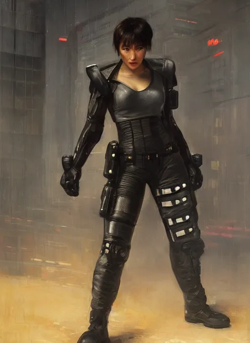 Image similar to chun li high kick. cyberpunk police trooper in a military vest ( blade runner 2 0 4 9, cyberpunk 2 0 7 7 ). orientalist portrait by john william waterhouse and james gurney and theodore ralli and nasreddine dinet, oil on canvas. cinematic, hyper realism, realistic proportions, dramatic lighting, high detail 4 k