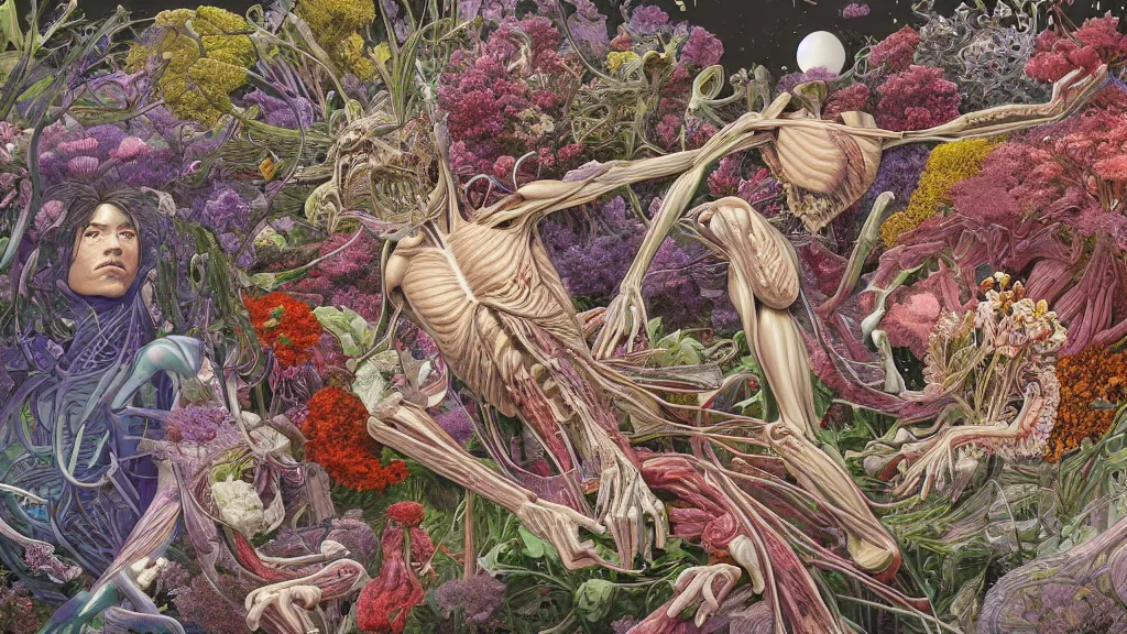 Image similar to highly detailed illustration of a human anatomy body exploded by all the known species of flowers by juan gatti, by makoto shinkai, by moebius!, by oliver vernon, by joseph moncada, by damon soule, by manabu ikeda, by kyle hotz, by dan mumford, by kilian eng