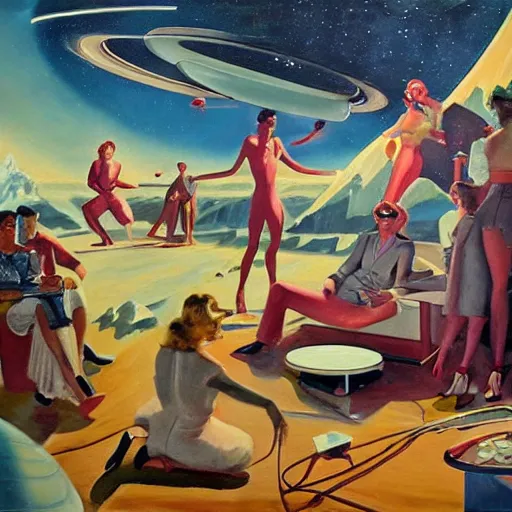 Prompt: 1 9 5 0 s inspired sci - fi oil painting of a party on a colony on the saturn moon titan