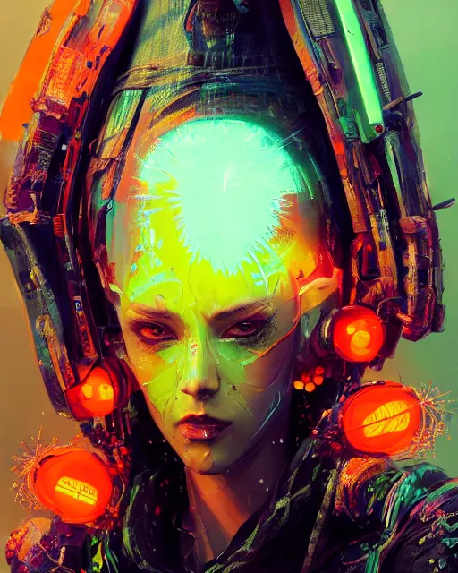 Image similar to detailed full body portrait of a gorgeous witch, cyberpunk futuristic neon, orange reflective puffy coat, decorated with traditional Japanese ornaments by Ismail inceoglu dragan bibin hans thoma greg rutkowski Alexandros Pyromallis Nekro Rene Maritte Illustrated, Perfect face, fine details, realistic shaded, fine-face, pretty face