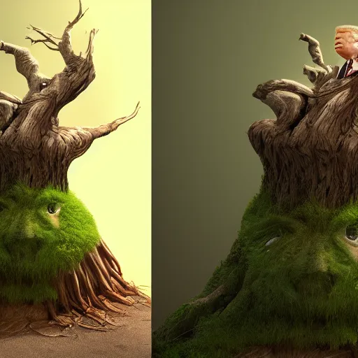 Image similar to donald trump is fused into a tree stump, hyperdetailed, artstation, cgsociety, 8 k