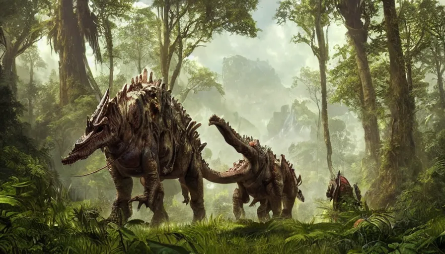 Prompt: A machinated dinosaur hybrid of a BEHEMOTH strolling along a lush green forest from the playstation 5 game Horizon Zero Dawn world, sci-fi concept art, highly detailed, oil on canvas by James Gurney