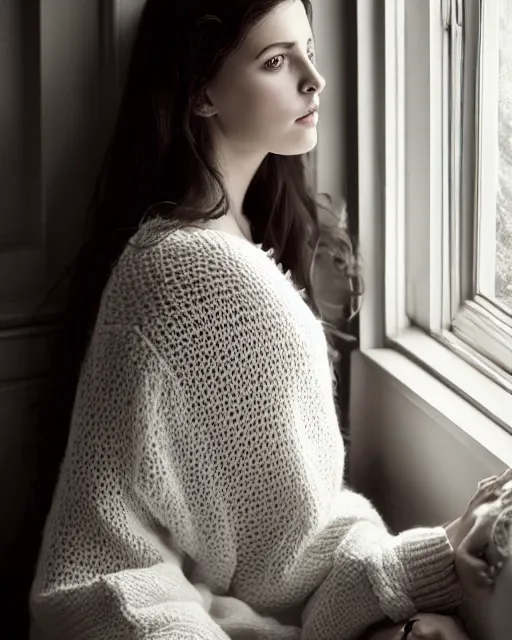 Image similar to photograph of a pretty french girl with dark hair, wearing a loose oversized white sweater, cuddled up by a windowsill sipping a mug of tea during sunset. dramatic lighting, fantasy, intricate, elegant, highly detailed, lifelike, photorealistic, digital painting, artstation, illustration, concept art, smooth, sharp focus, art by John Collier and Albert Aublet and Krenz Cushart and Artem Demura and Alphonse Mucha