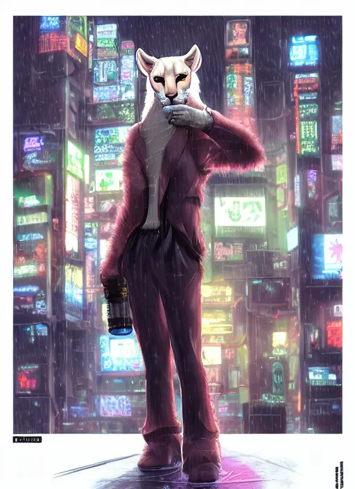 Image similar to character portrait of a male anthro albino mountain lion fursona with a tail and a cute beautiful attractive furry face wearing stylish cyberpunk clothes in a cyberpunk city at night while it rains. hidari, color page, tankoban, 4K, tone mapping, Akihiko Yoshida.